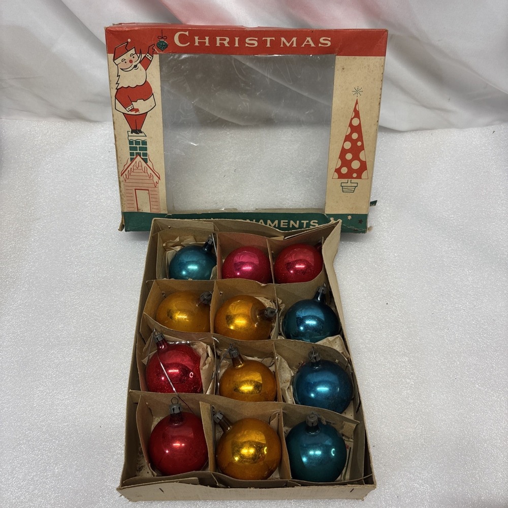 12 Vtg Poland Mercury Glass Christmas Ornaments Colorful Mix Fantasia Box